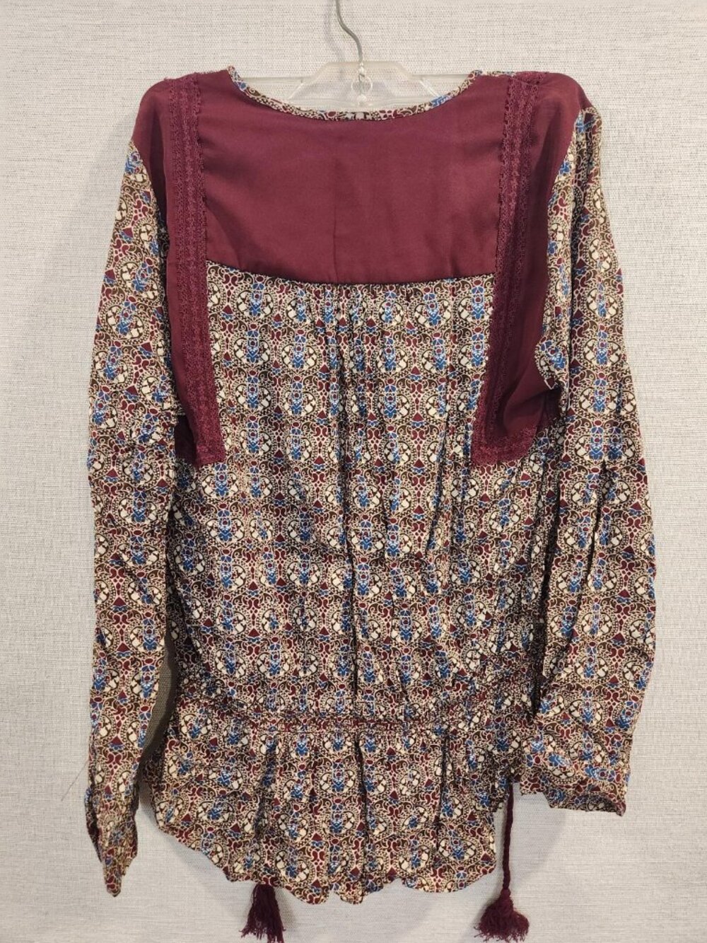 Daniel Rainn Burgundy Mosaic Tassel Boho Peasant Blouse S